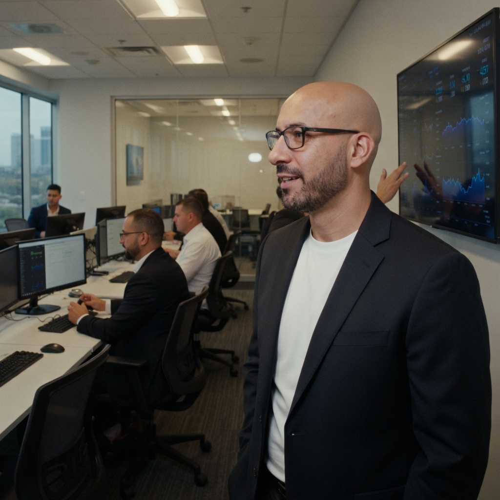 Amin Rad overseeing a busy brokerage bullpen with agents working live pipelines